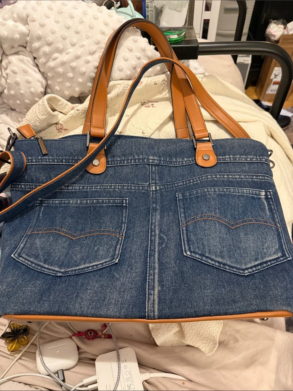 Nicole Lee Blue Denim Tote with Floral & Butterfly Embroidery - Picture 2 of 2